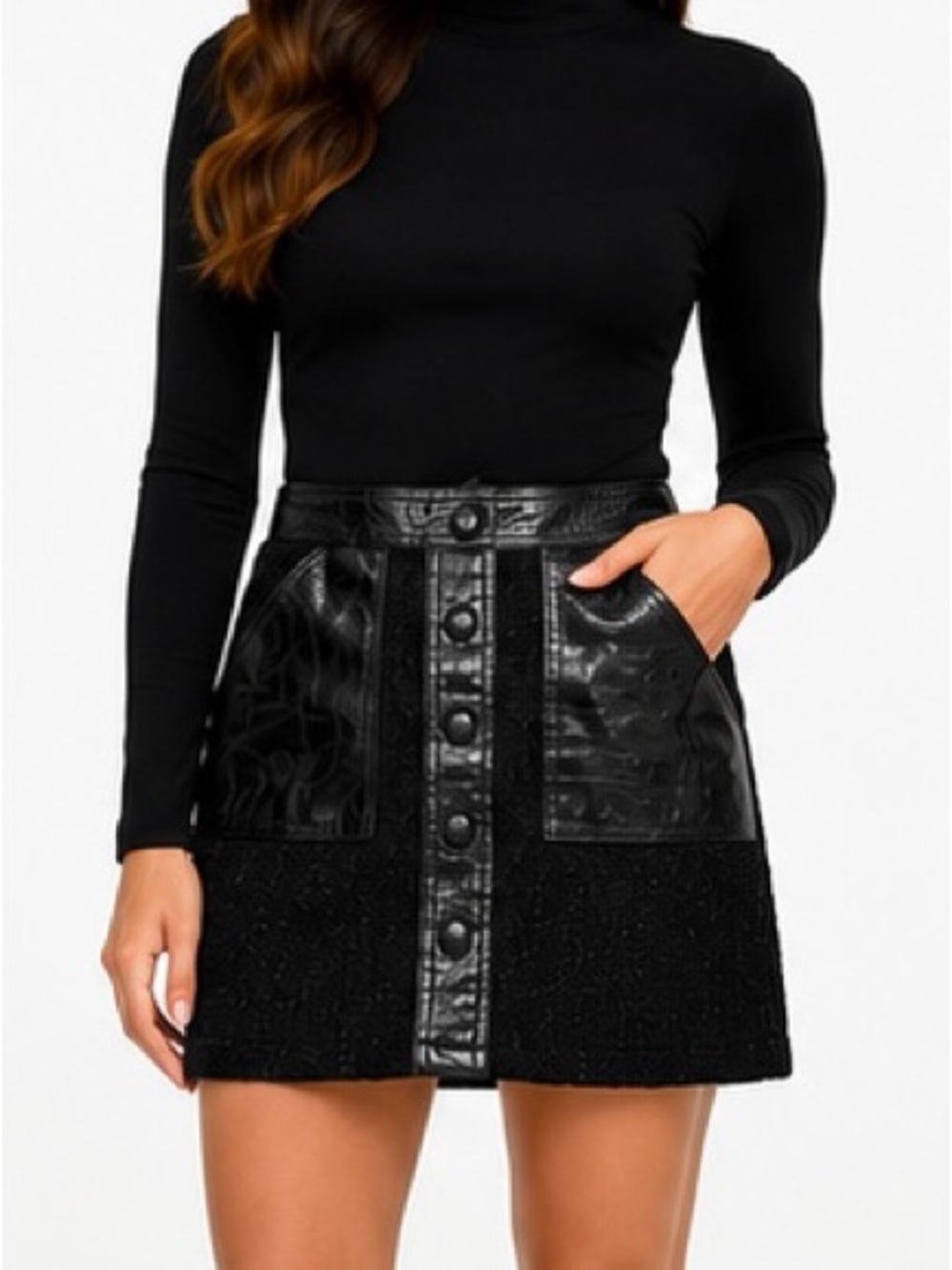 Christian Lacroix Black Mixed-Media Button-Front Mini Skirt